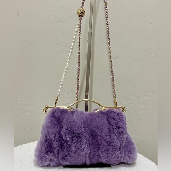 Lilac Handmade Real Rex Rabbit Fur Double Kisslock & Top Handle Purse/Crossbody - Picture 6 of 16